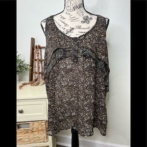 Mossimo White Speck with Floral Print Ruffle Racerback Semi Sheer Tank